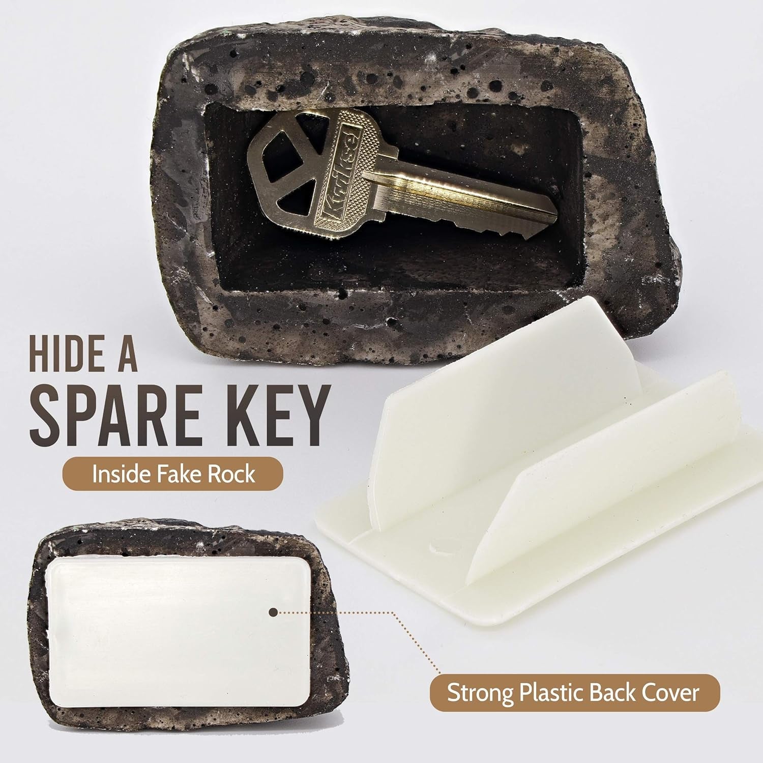 Close-up of the weatherproof fake rock key hider for outdoor key storage.