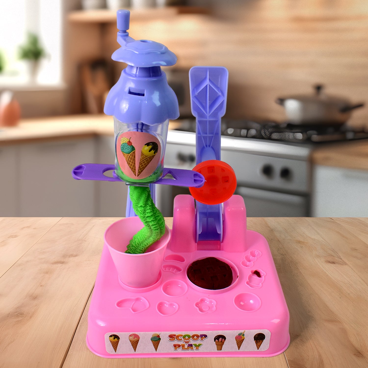 Close-up of children's hands using molds from the Play Dough Set to create shapes.