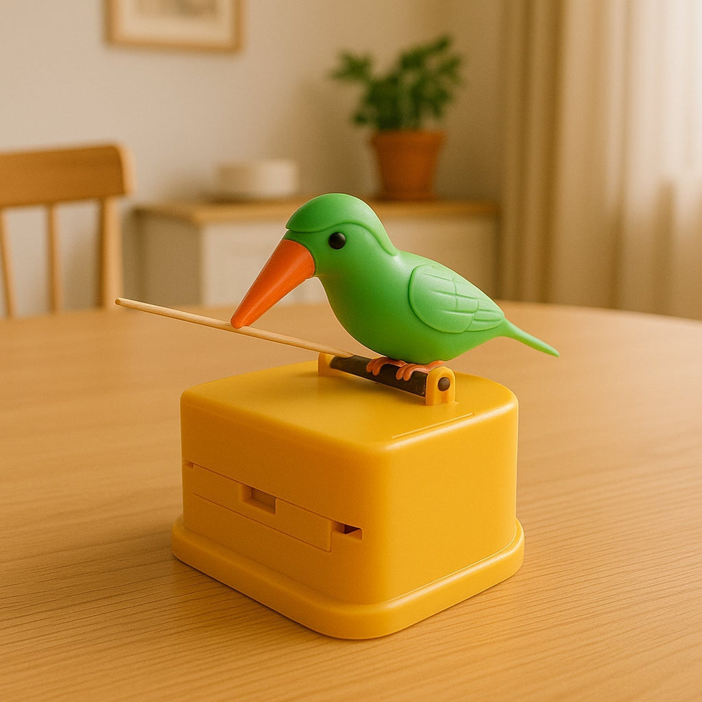 Portable automatic bird-shaped toothpick dispenser with green and yellow color