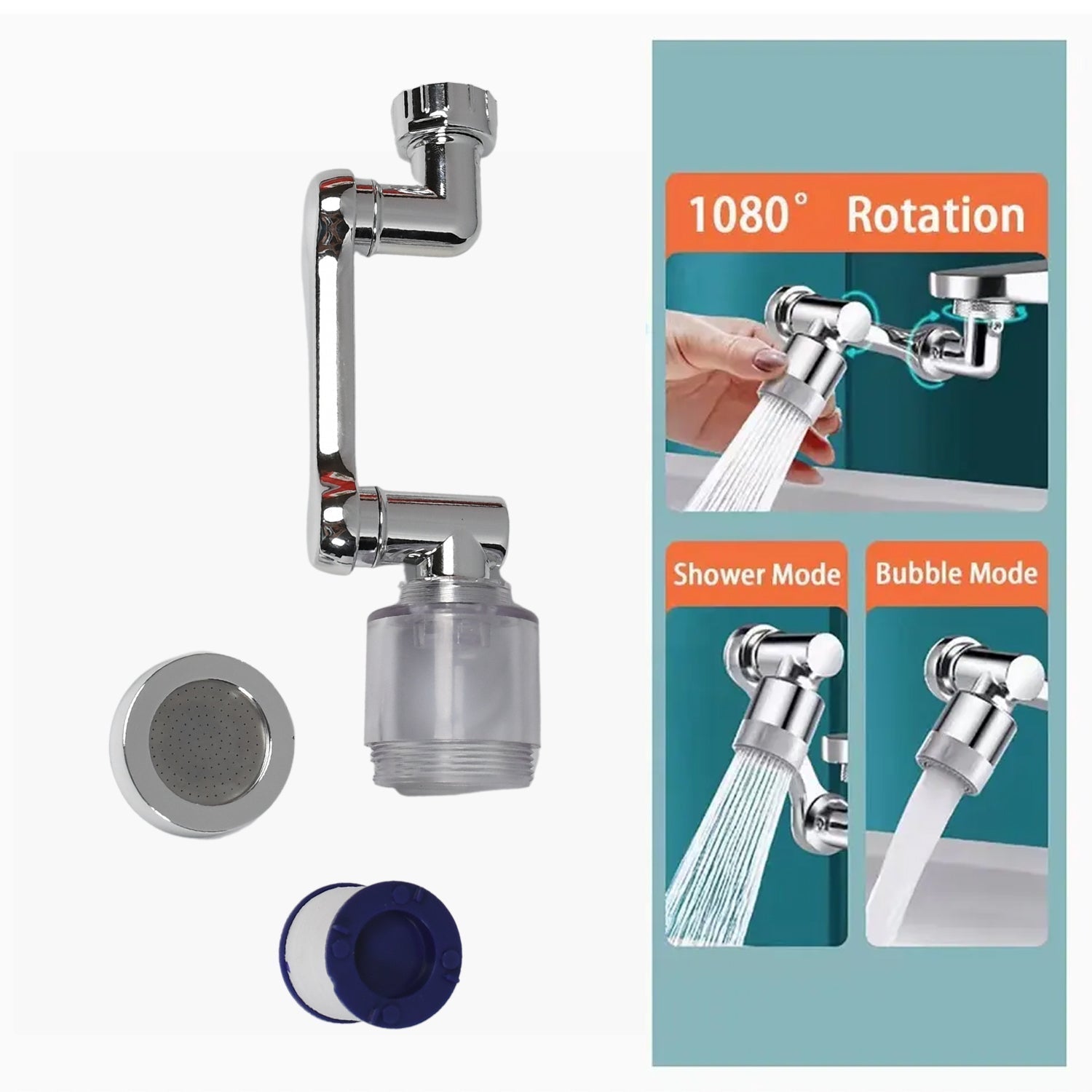 White background studio shot of the flexible rotating faucet sprayer.