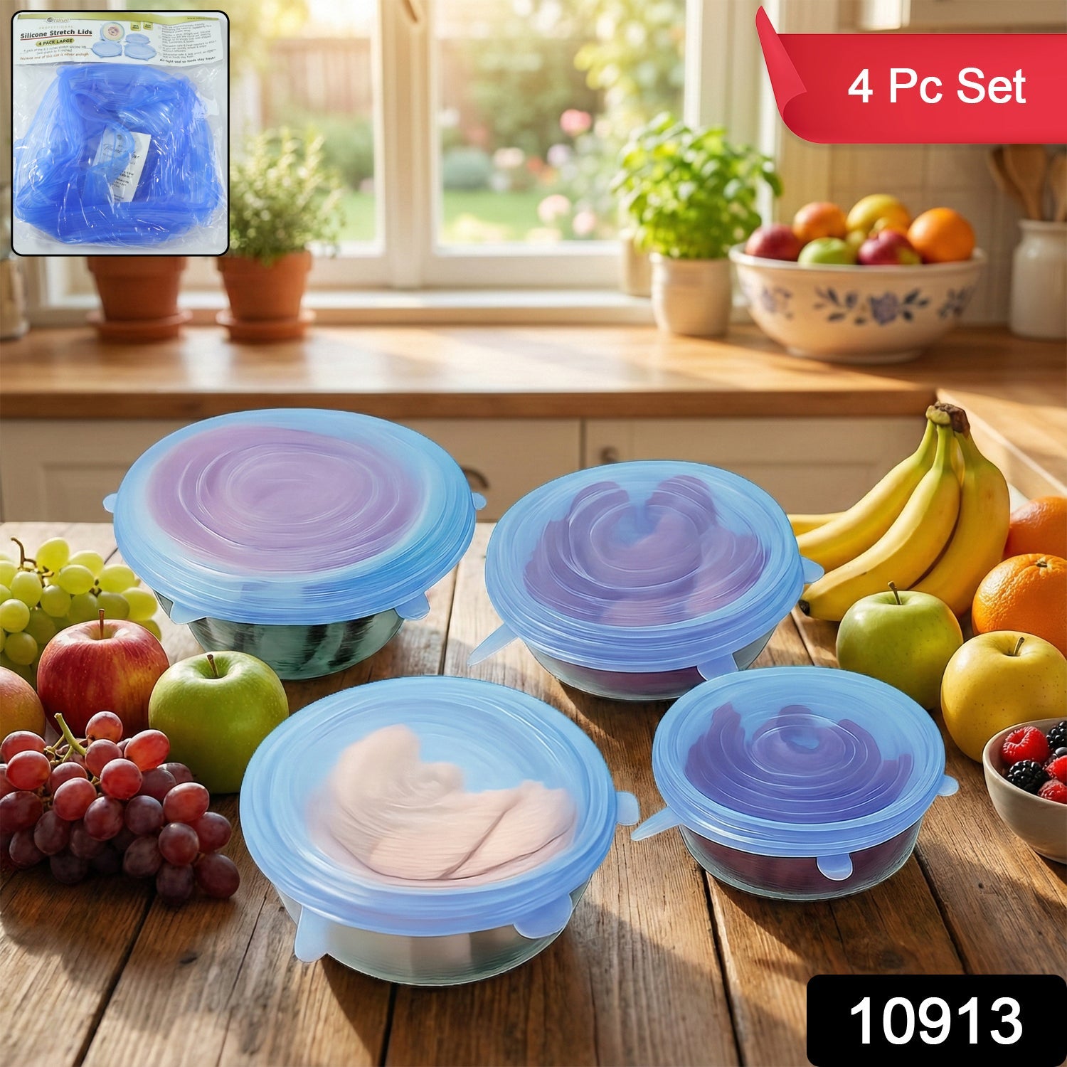4-piece set of silicone stretch lids covering different food containers