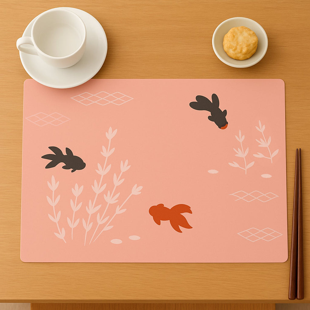 Set of decorative dining table placemats with fish design on a table