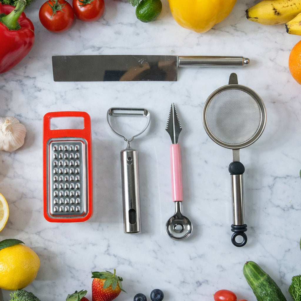 5-in-1 kitchen tool set with chopper, grater, peeler, fruit scoop, and fine mesh strainer