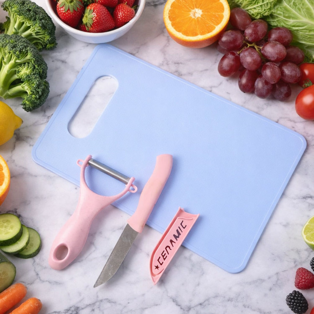 3-in-1 fruit and vegetable cutting board set with knife and peeler on table