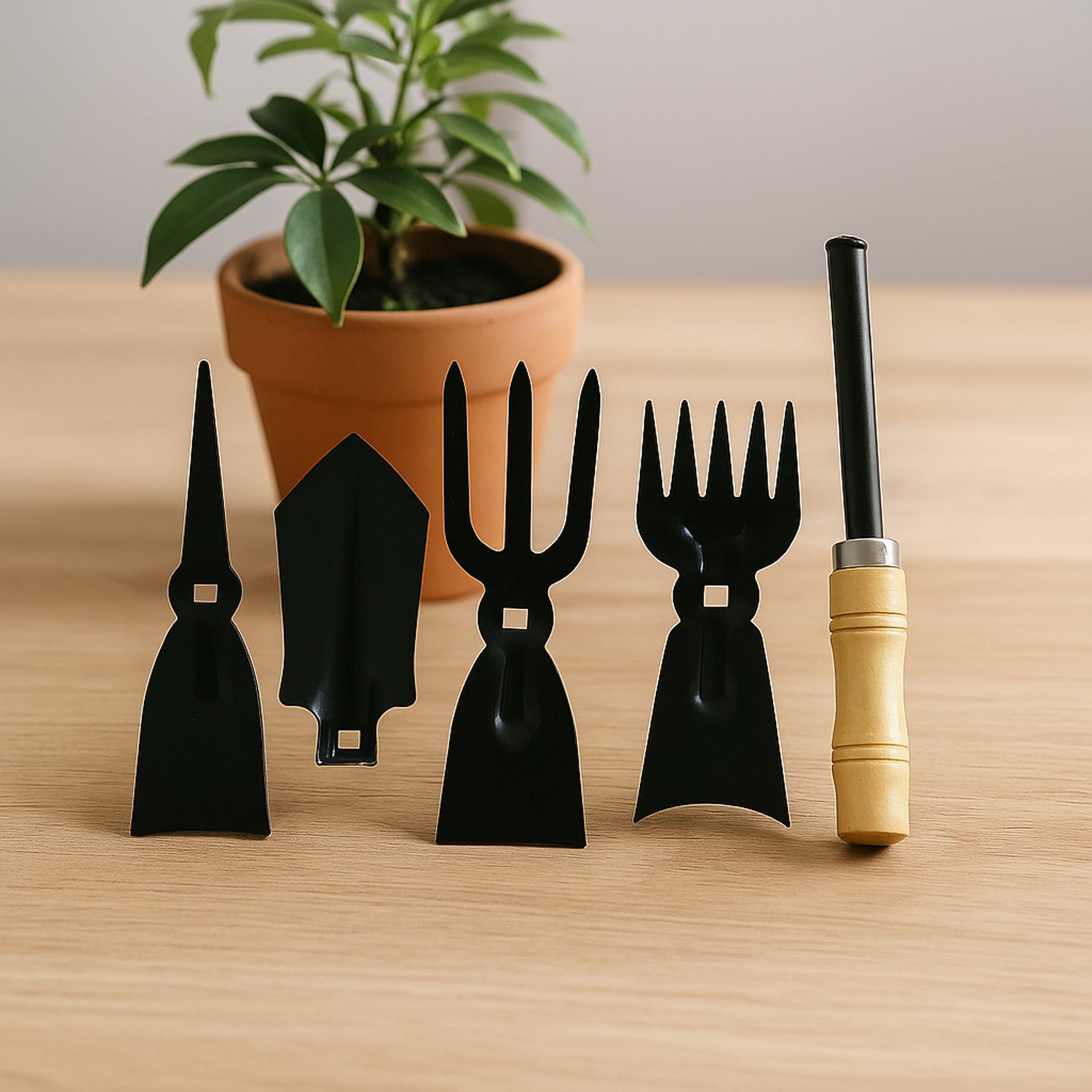 5 in 1 gardening hand tool set with wooden handles laid out