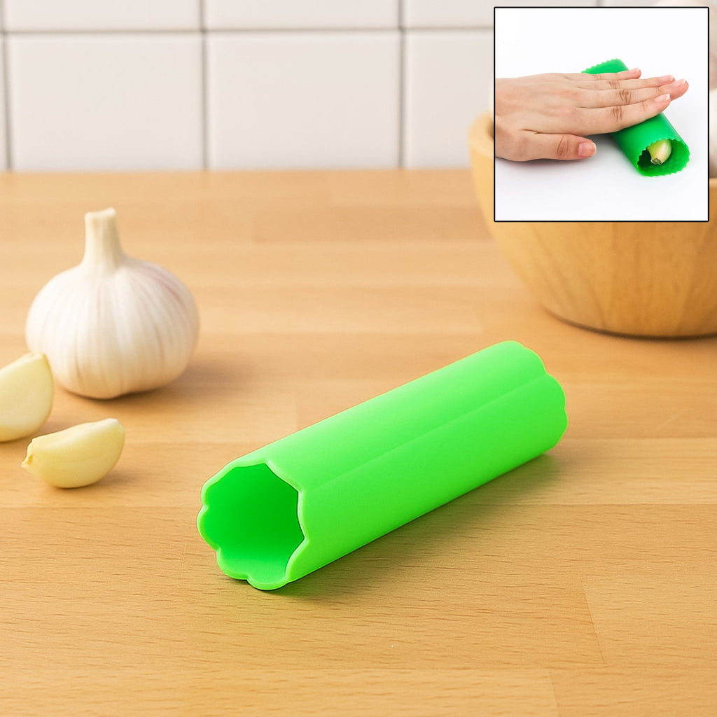 Silicone garlic peeler tube showing flexible rolling design