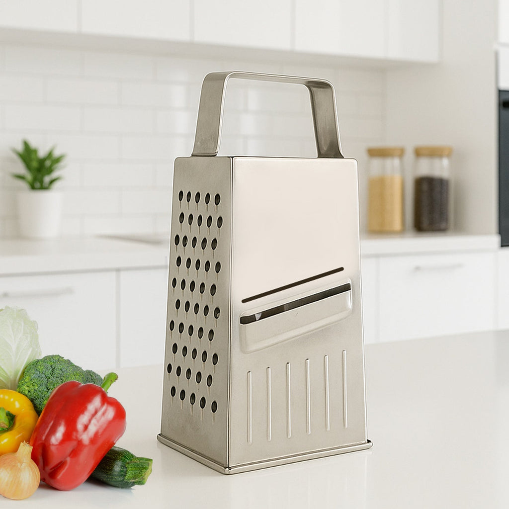 Stainless steel 5-in-1 multipurpose kitchen grater and slicer for vegetables and cheese.