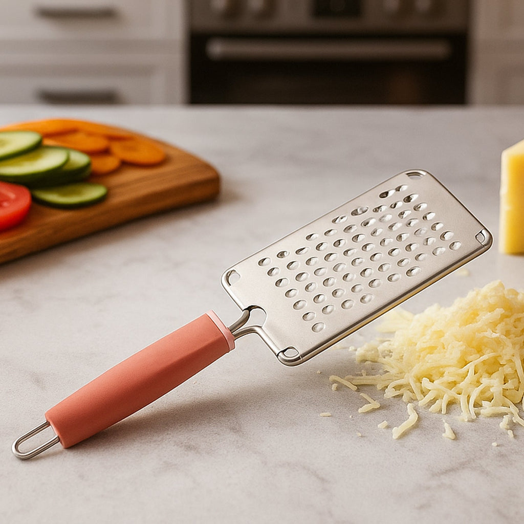 Soft grip stainless steel kitchen grater with hanging loop