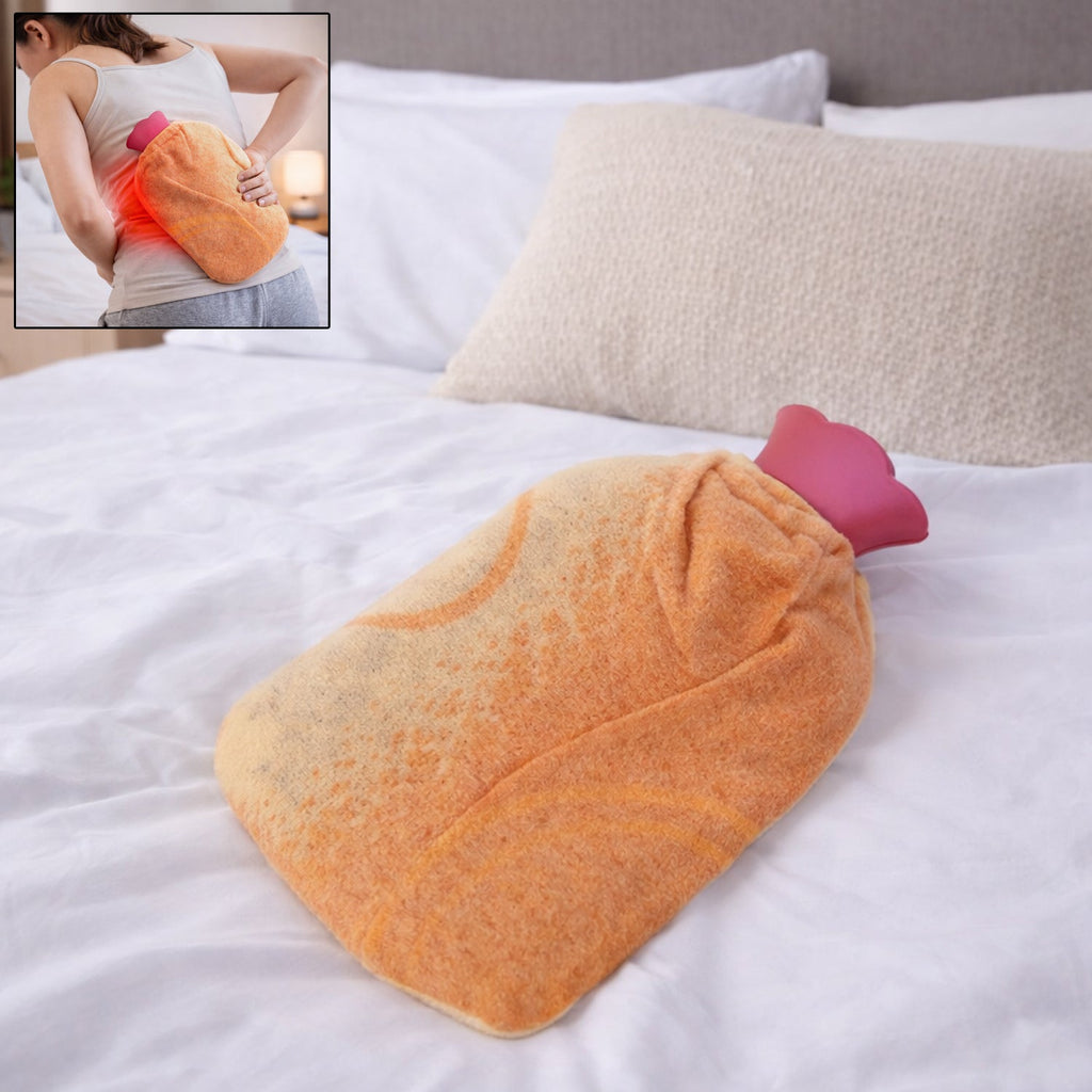 Hot water bag featuring a soft fabric therapy cover for safe heat application