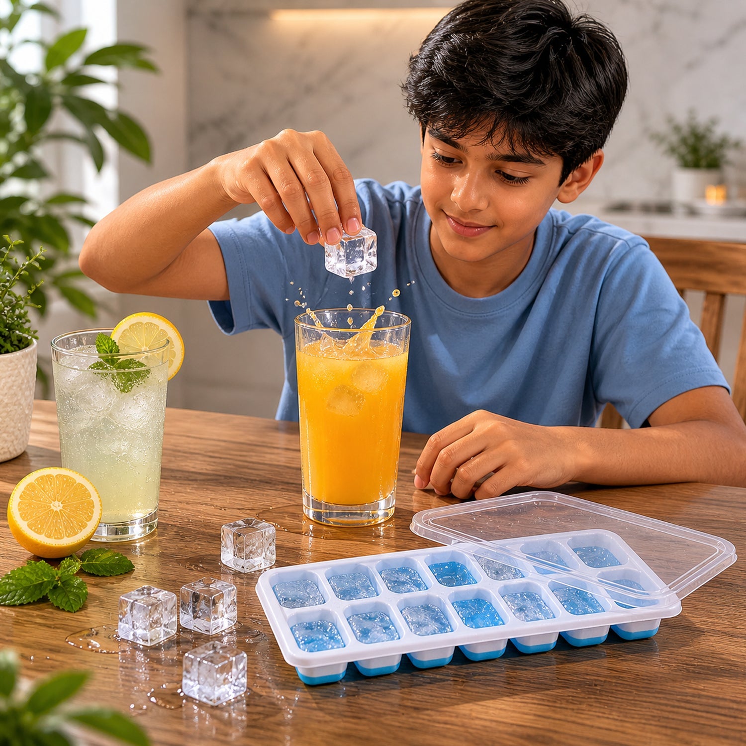 Close-up of flexible plastic ice cube tray with lid, showing durability