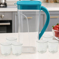 Plastic jug with lid and six glasses set, unbreakable and transparent