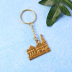 Premium golden metal Ram Mandir keychain showing detailed temple design