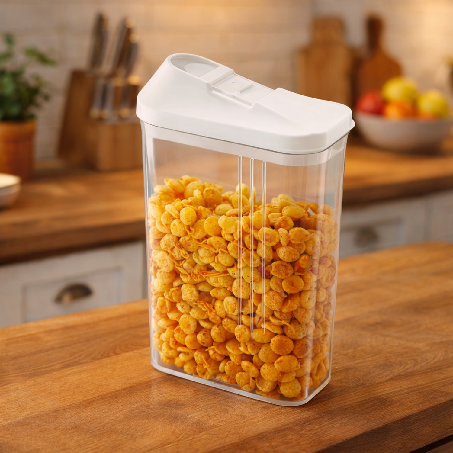 Airtight lock and pour kitchen storage container showing easy flip lid