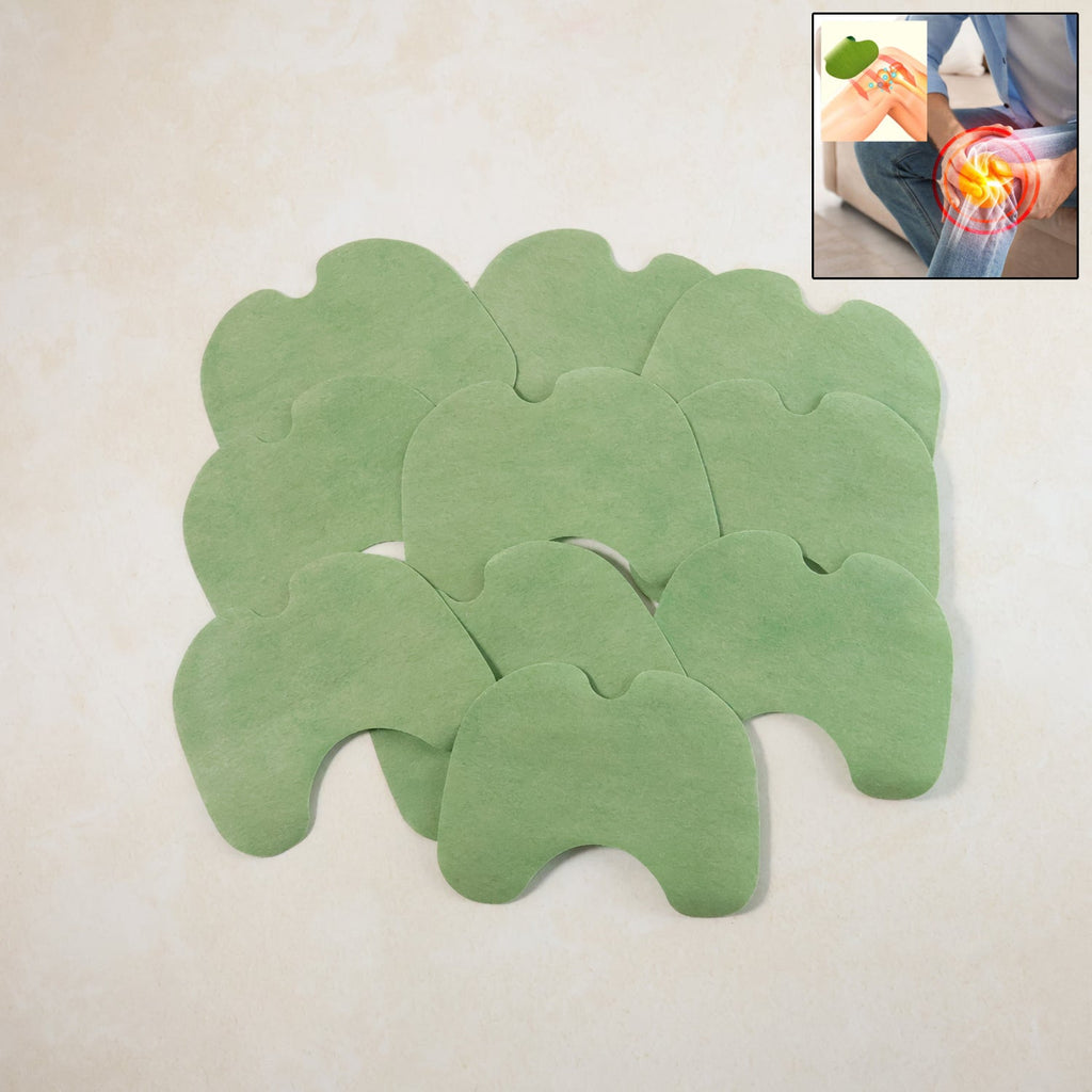 Knee relief patch applied on knee to soothe pain with herbal infusion