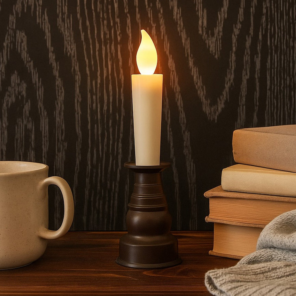 Premium LED flameless candle with holder showing warm flickering light
