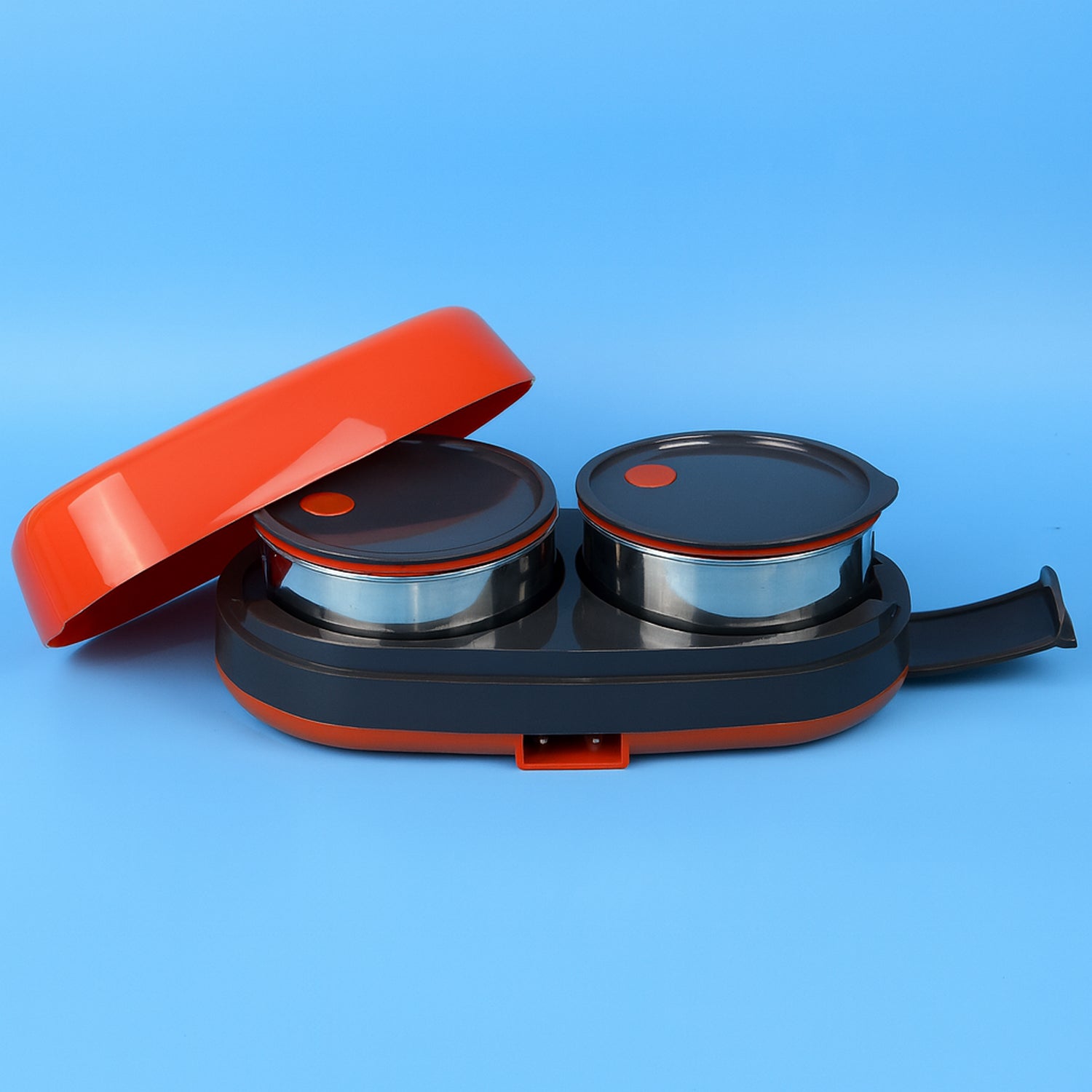 Electric lunch box with dual stainless steel containers for hot meals
