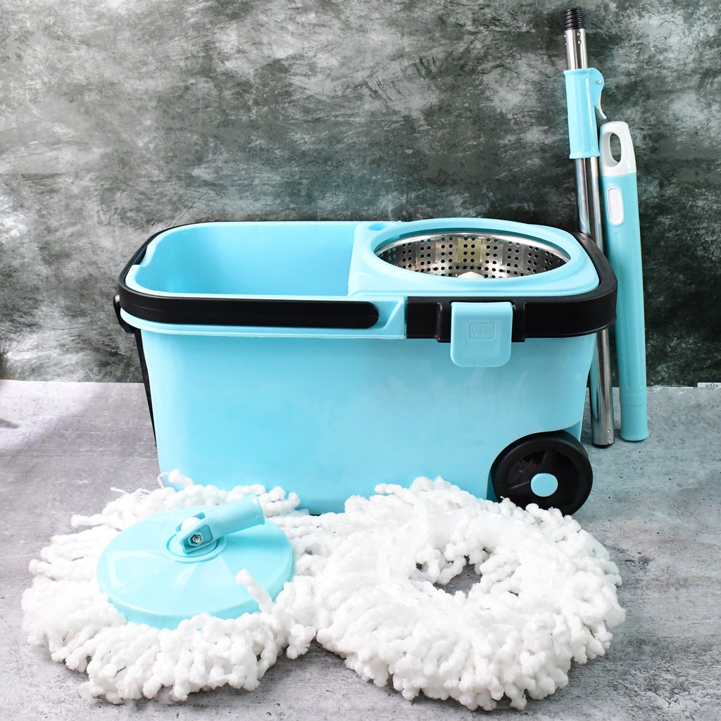 360° spin mop set with stainless steel wringer for easy floor cleaning