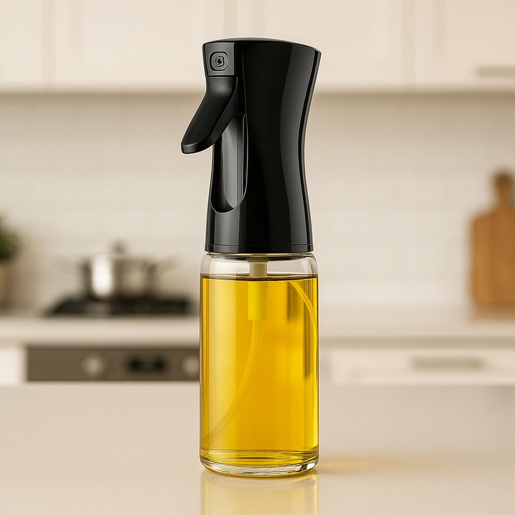 Glass oil spray bottle with ergonomic trigger for cooking.