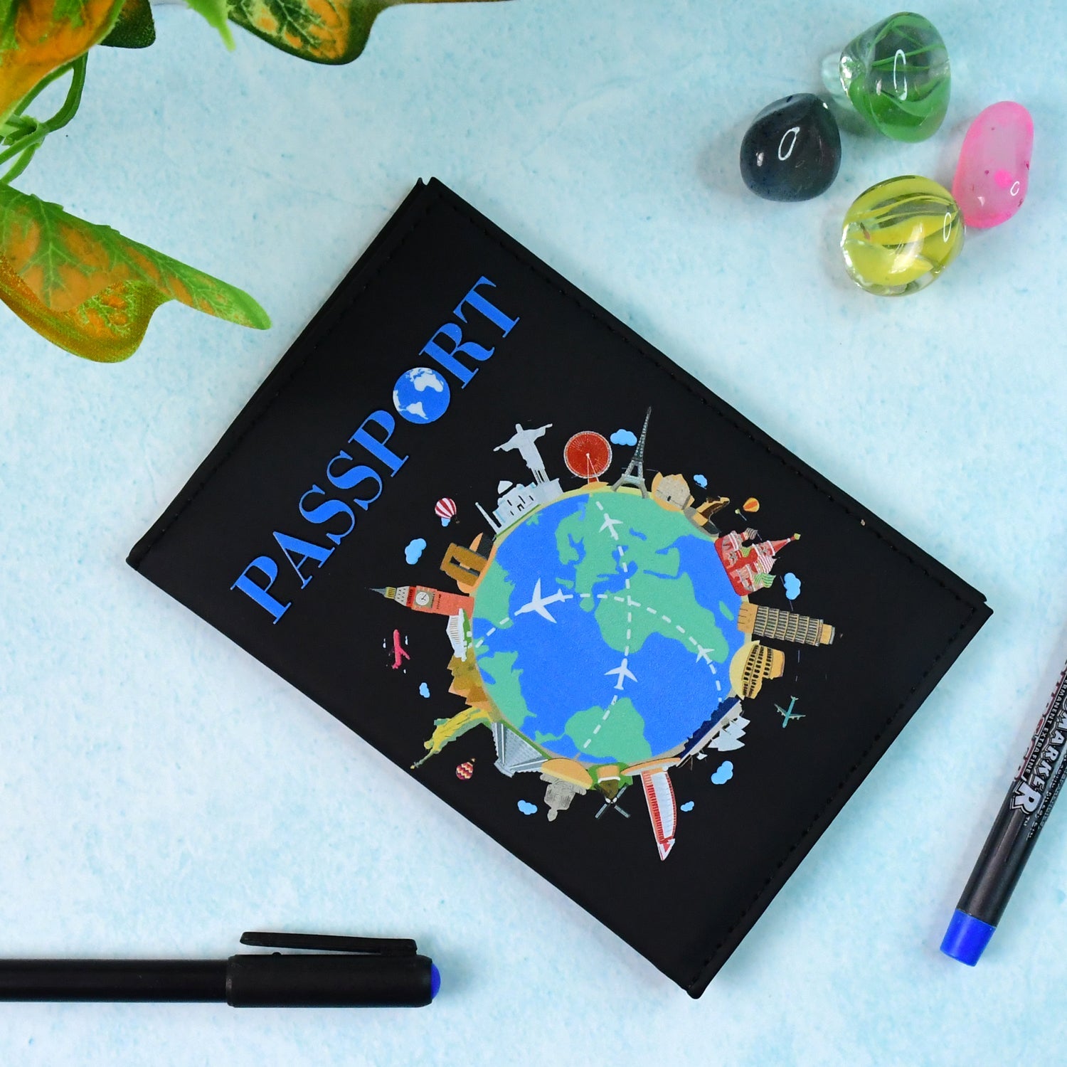 Elegant printed passport cover featuring detailed world map
