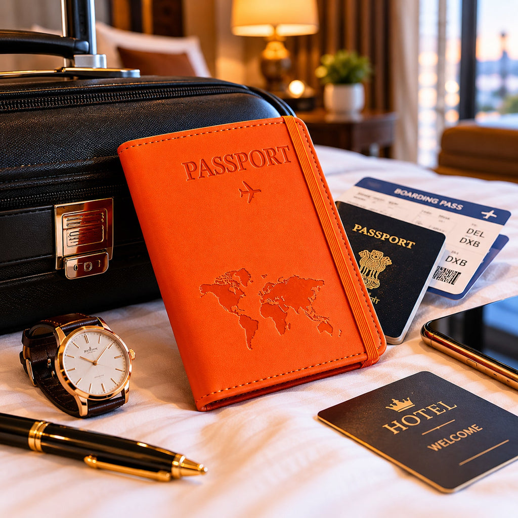 Premium durable PU leather travel passport wallet secured with elastic band