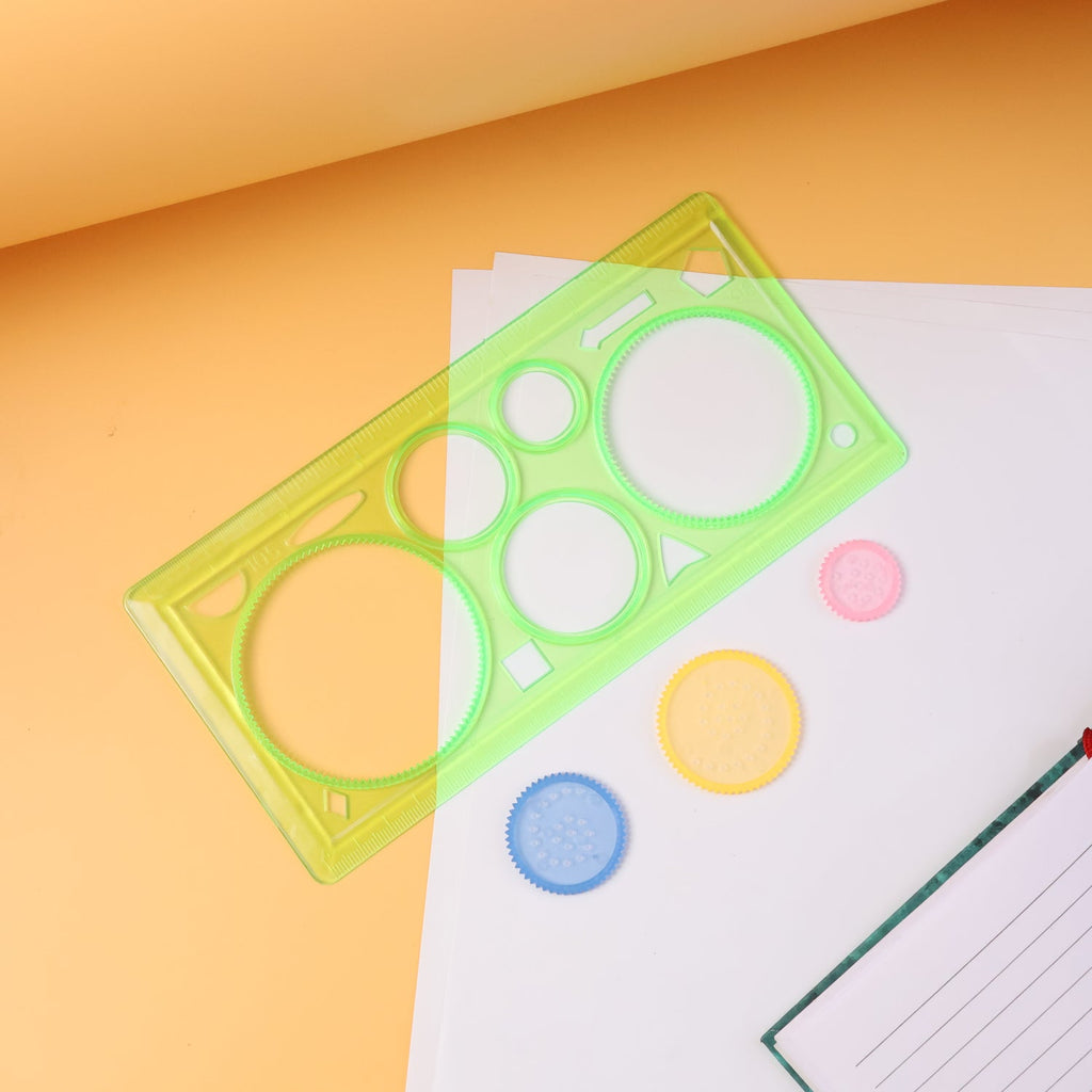 Spirograph geometry design ruler with circular tracks and stencil shapes