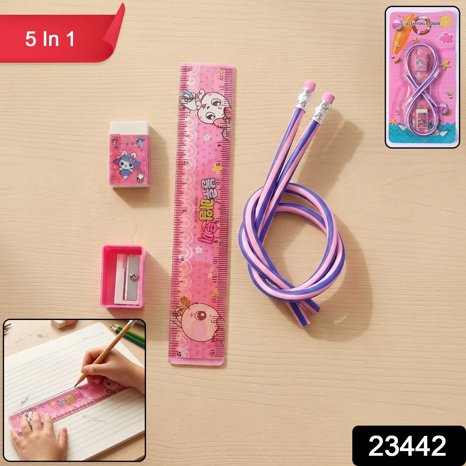Kids stationery kit with SKU label and packaging detail