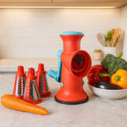 Manual rotary grater with 4 interchangeable blades on kitchen counter