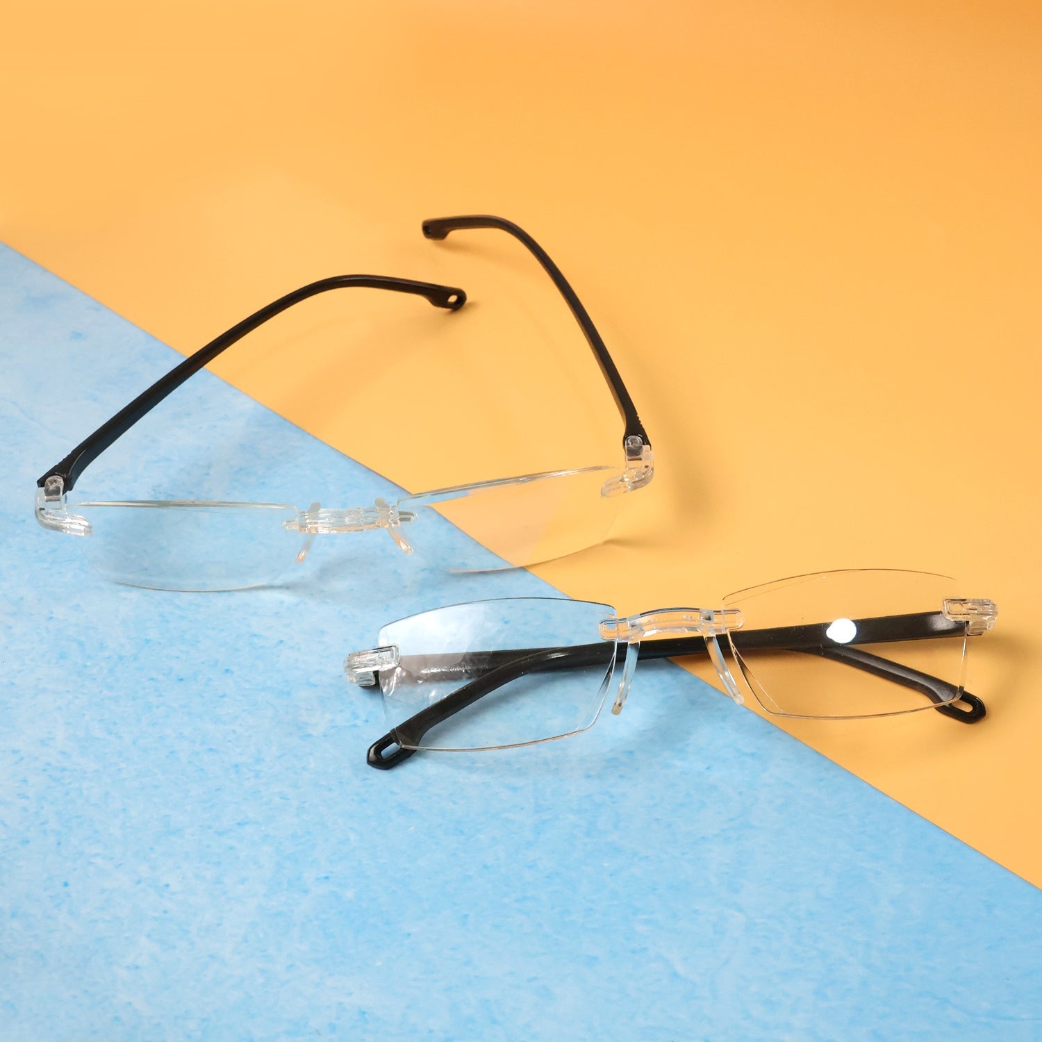 Close-up image of rimless reading glasses showcasing lightweight design and clear lenses