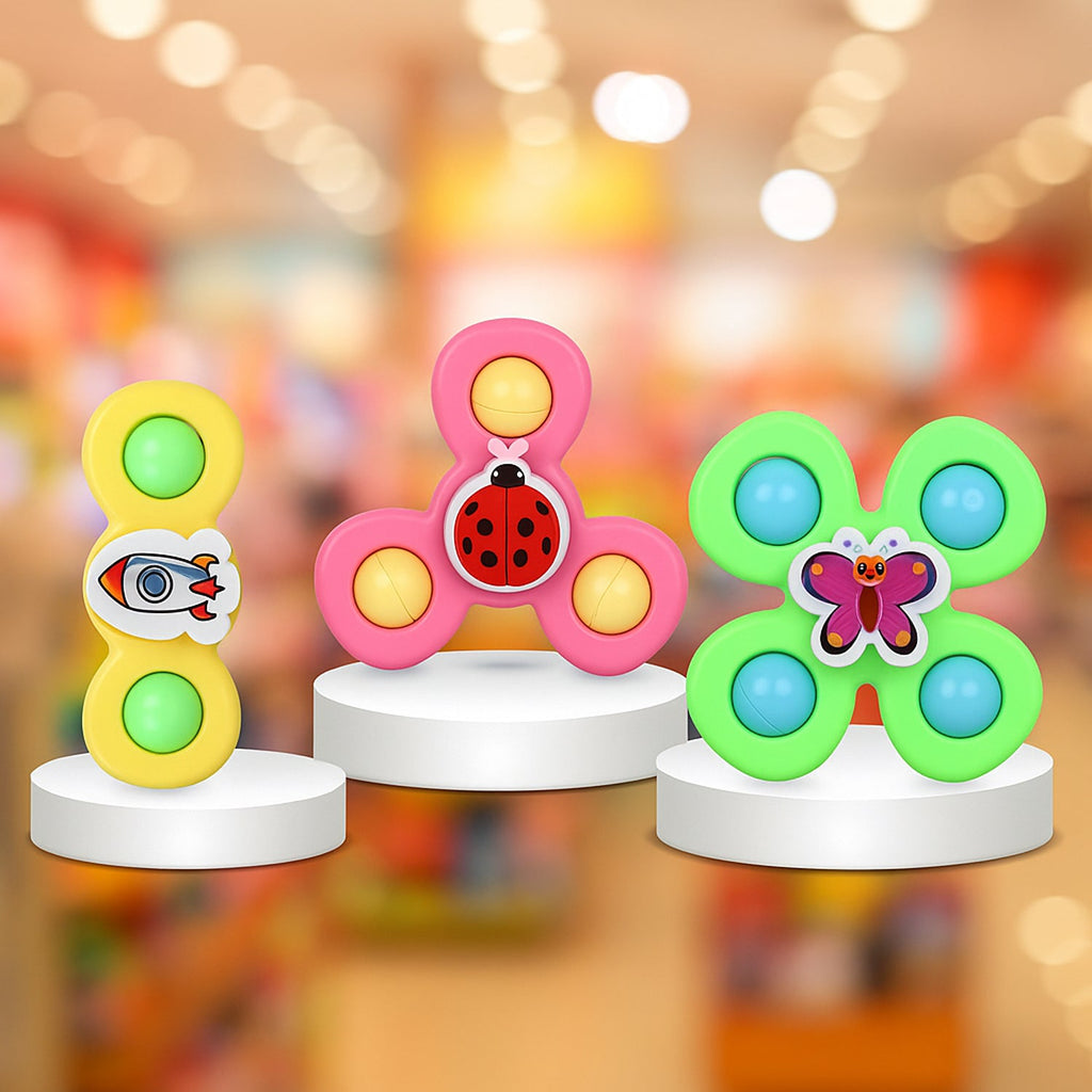 Close-up of baby spinner toy with smooth edges and suction base