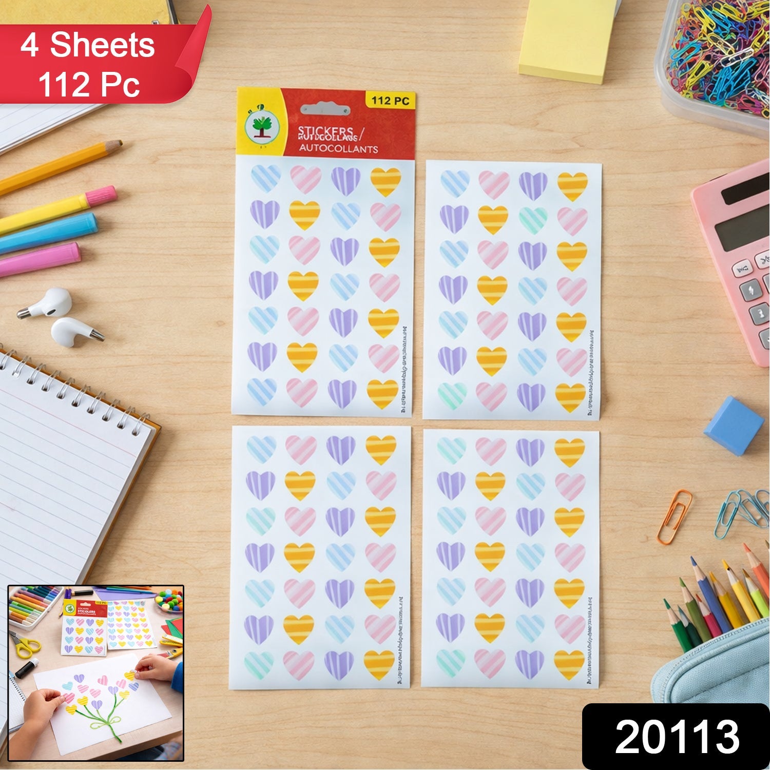 Four sheets of multicolor heart shape stickers for crafts