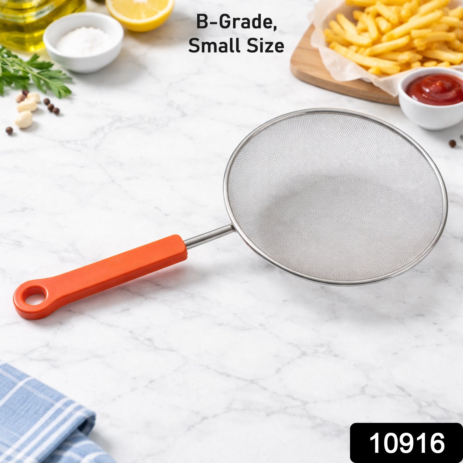 Fine mesh kitchen strainer in use filtering food ingredients