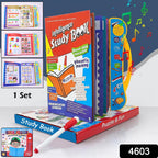 A child's hand actively touching a page of the interactive musical learning book.