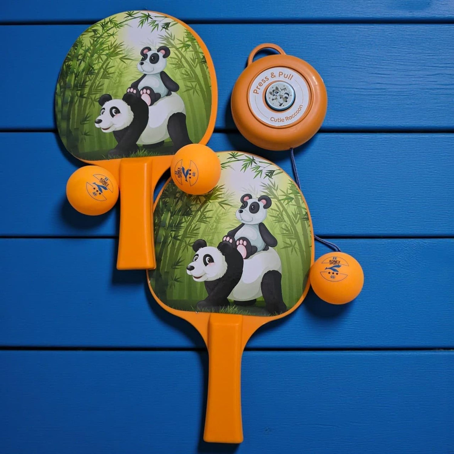 Hanging table tennis trainer set with cute panda design paddles and balls