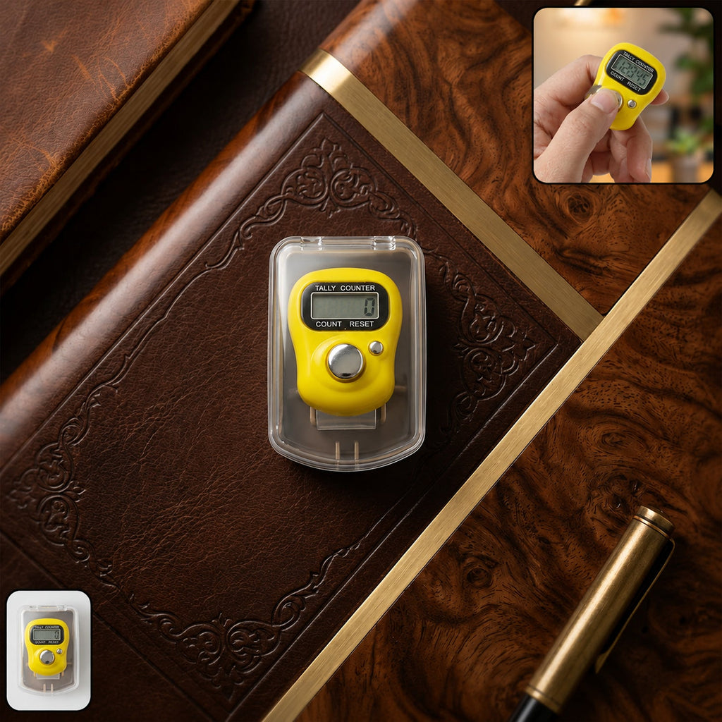 Digital finger tally counter showing clear LCD display and finger strap