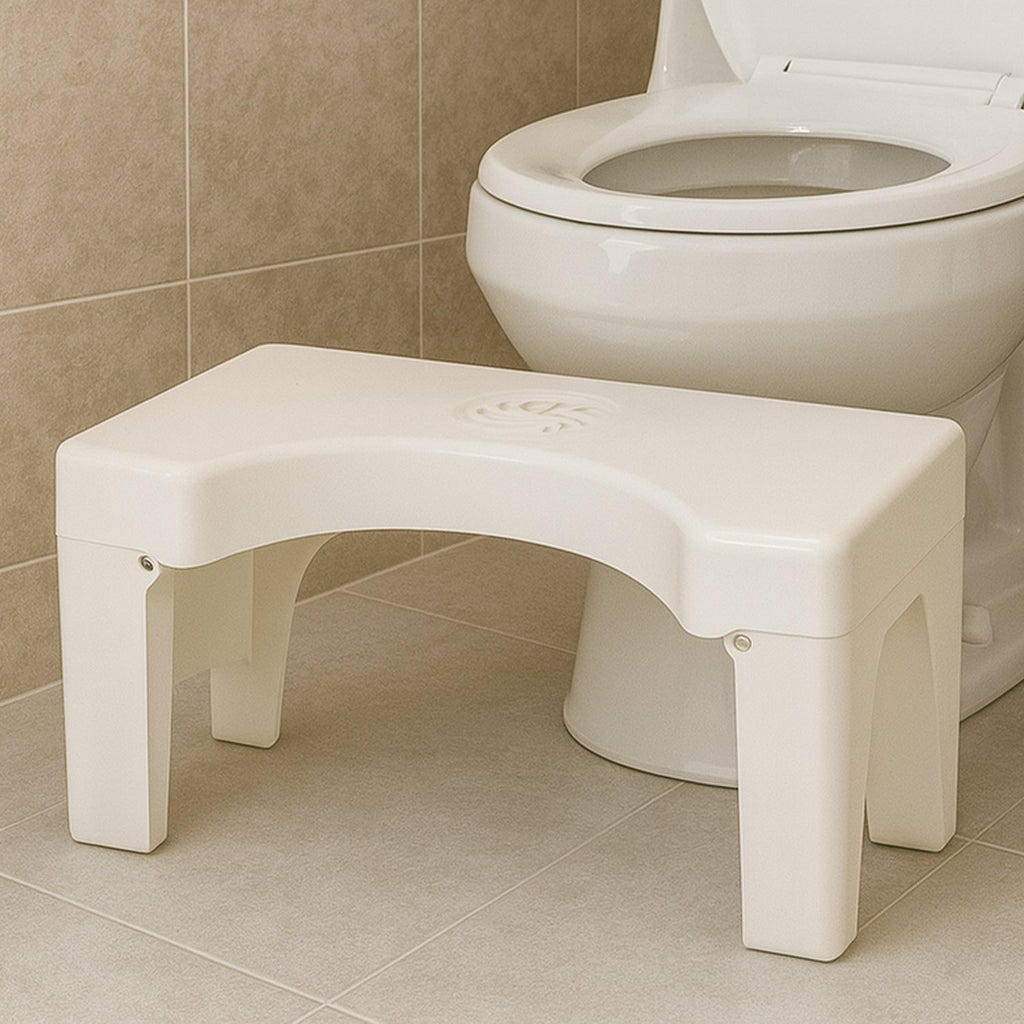 Foldable plastic toilet squat stool with anti-slip strips for safe use.