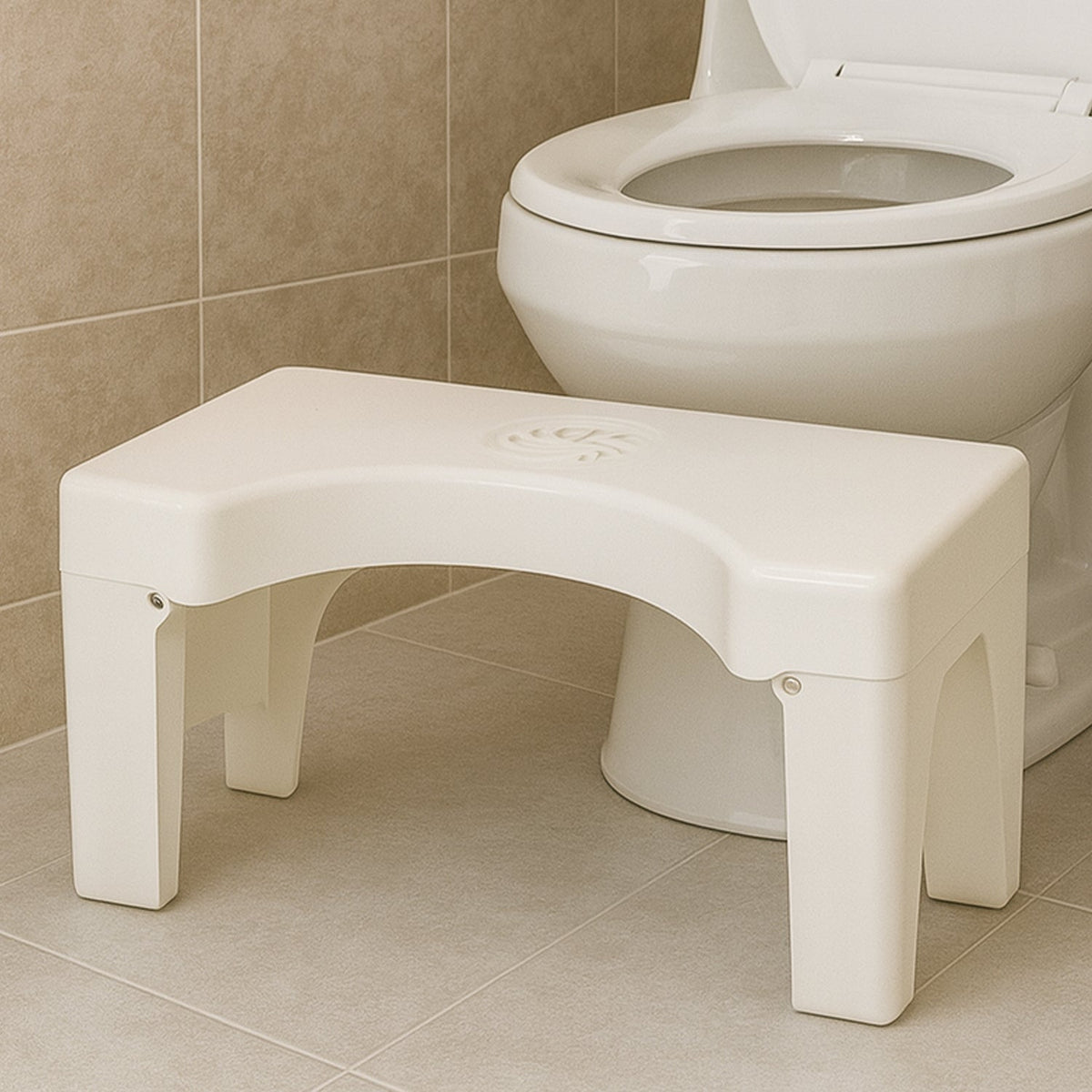 Foldable plastic toilet squat stool with anti-slip strips for safe use.
