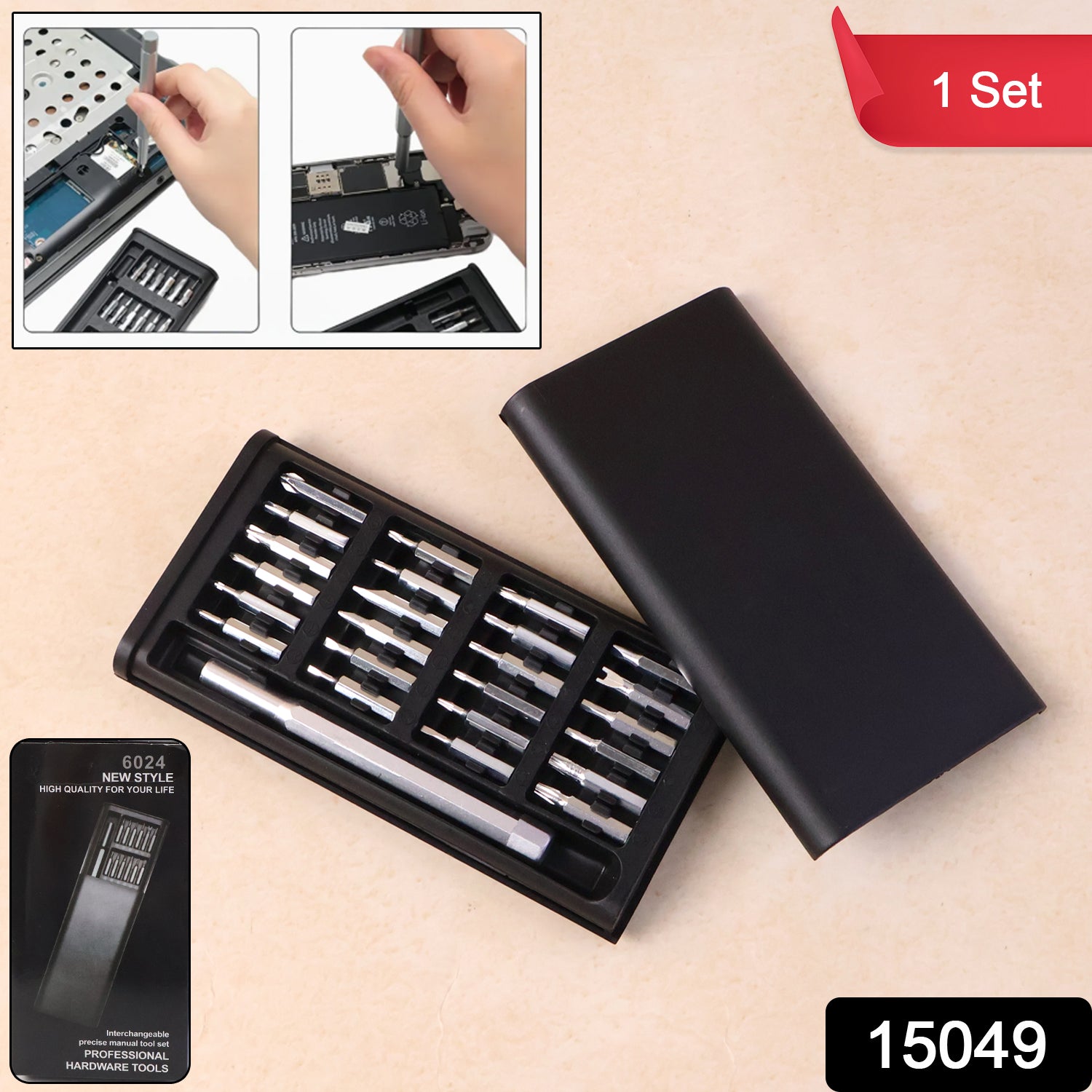 Assortment of interchangeable precision screwdriver bits laid out for various electronics repairs.