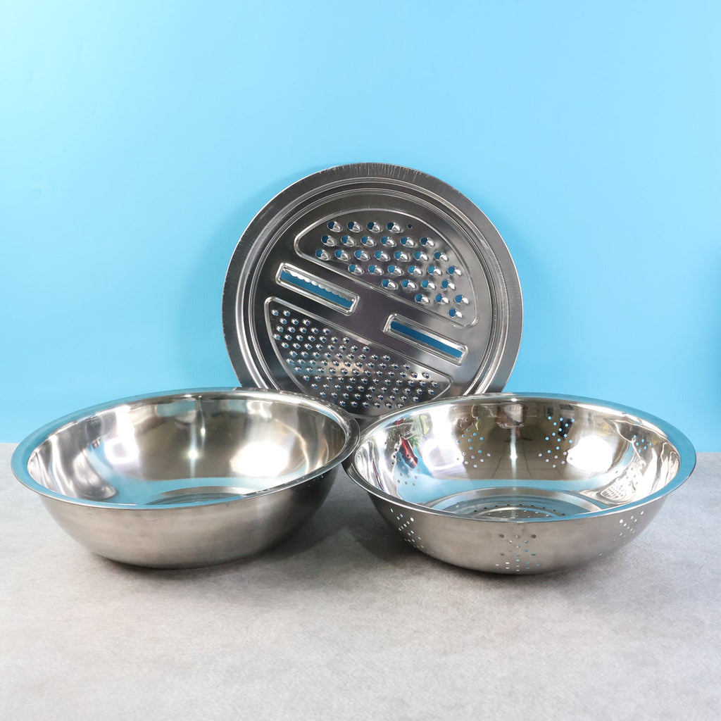 3-in-1 stainless steel mixing bowl set showing mixing, straining, and grating functions
