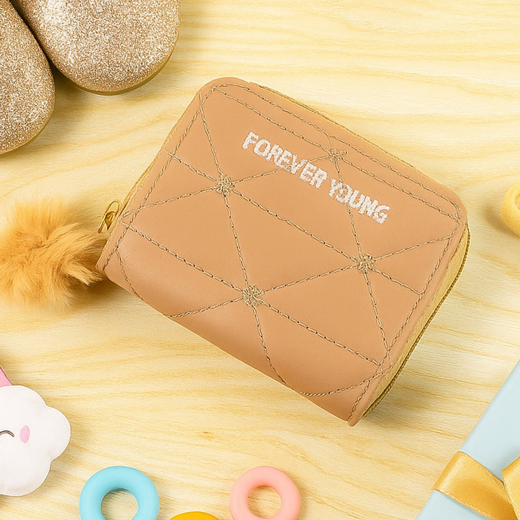 Kids wallet with soft fur zip puller and Forever Young design on front