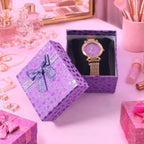 Front view of elegant ladies analog wrist watch with clear dial