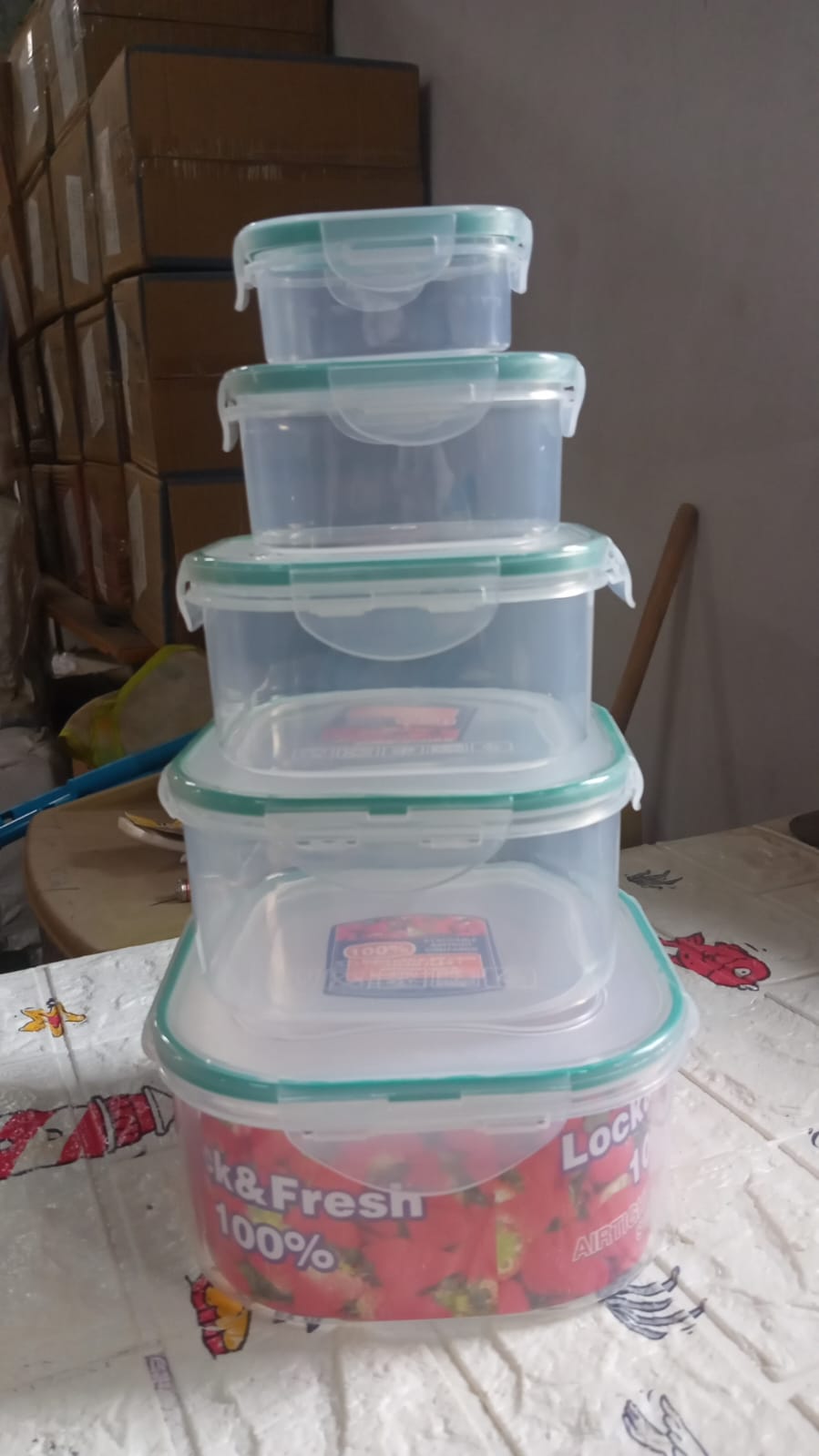 Complete 5-piece plastic kitchen organizer container set.