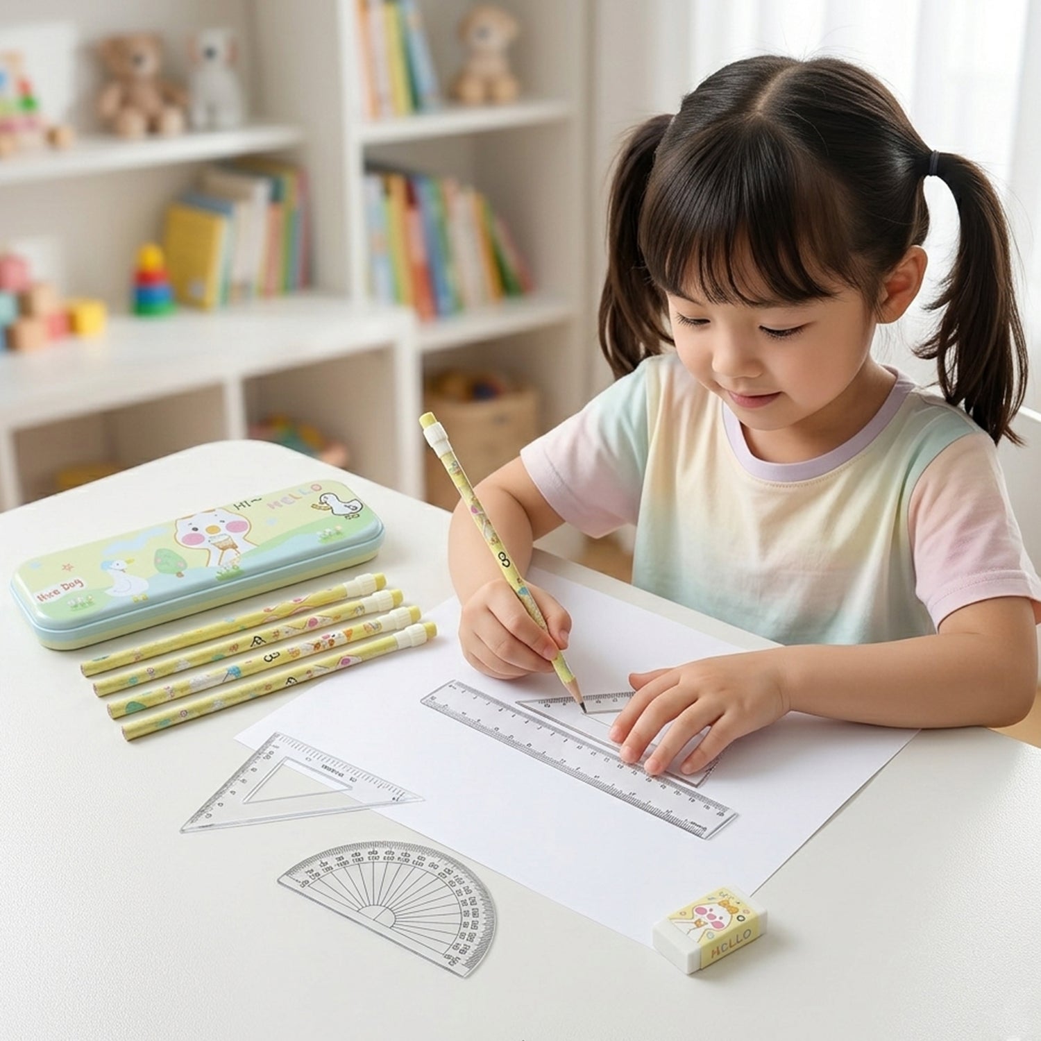 School geometry set with cartoon themed pencil case and drawing tools