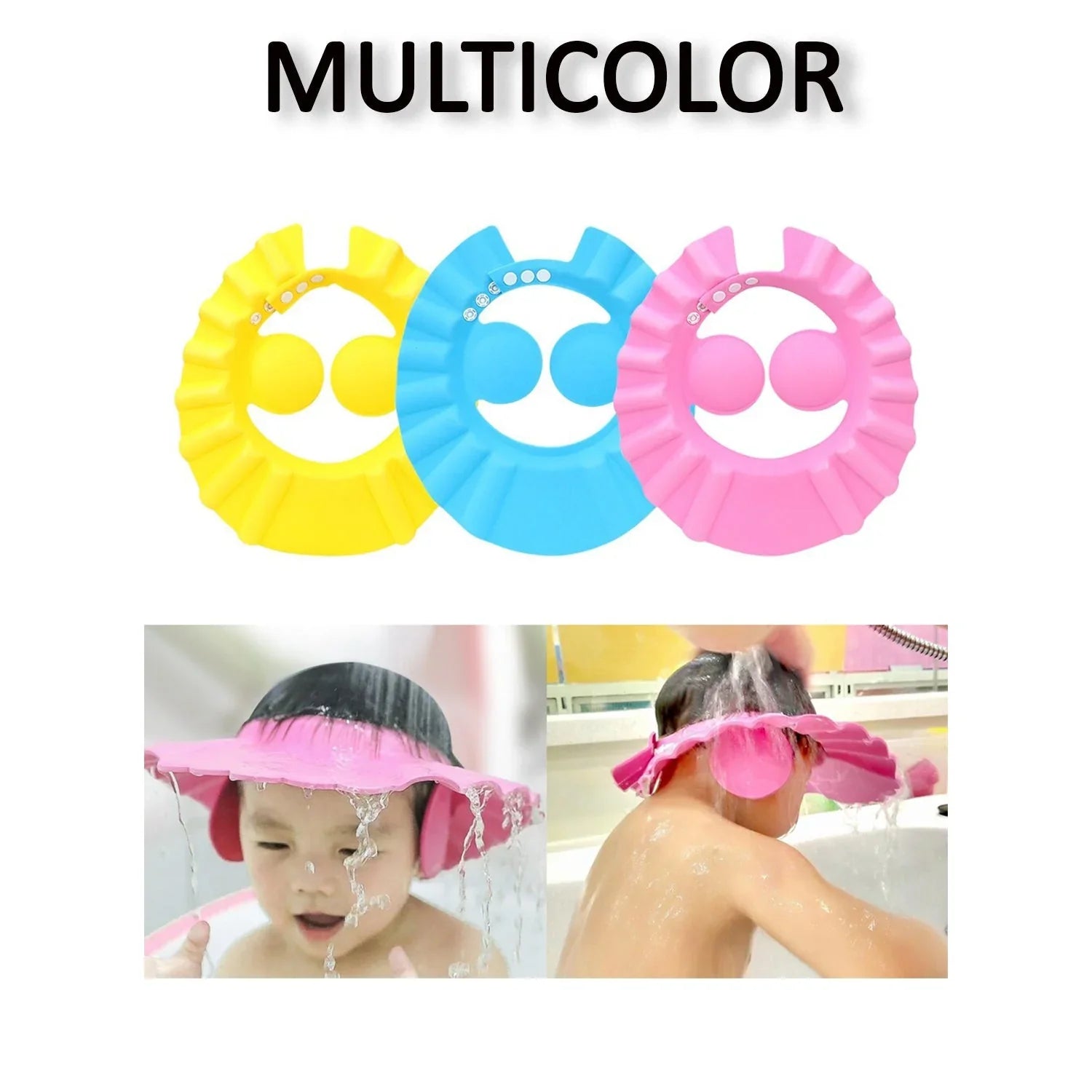 A child happily wearing the soft, adjustable kids' shower cap during a gentle hair wash.