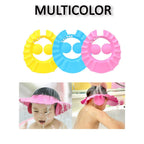 Side view of a baby shower cap, showing its soft material and adjustable head band