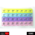 Top view of a compact 28-slot weekly pill organizer with clear daily compartments.