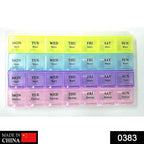 Top view of a compact 28-slot weekly pill organizer with clear daily compartments.