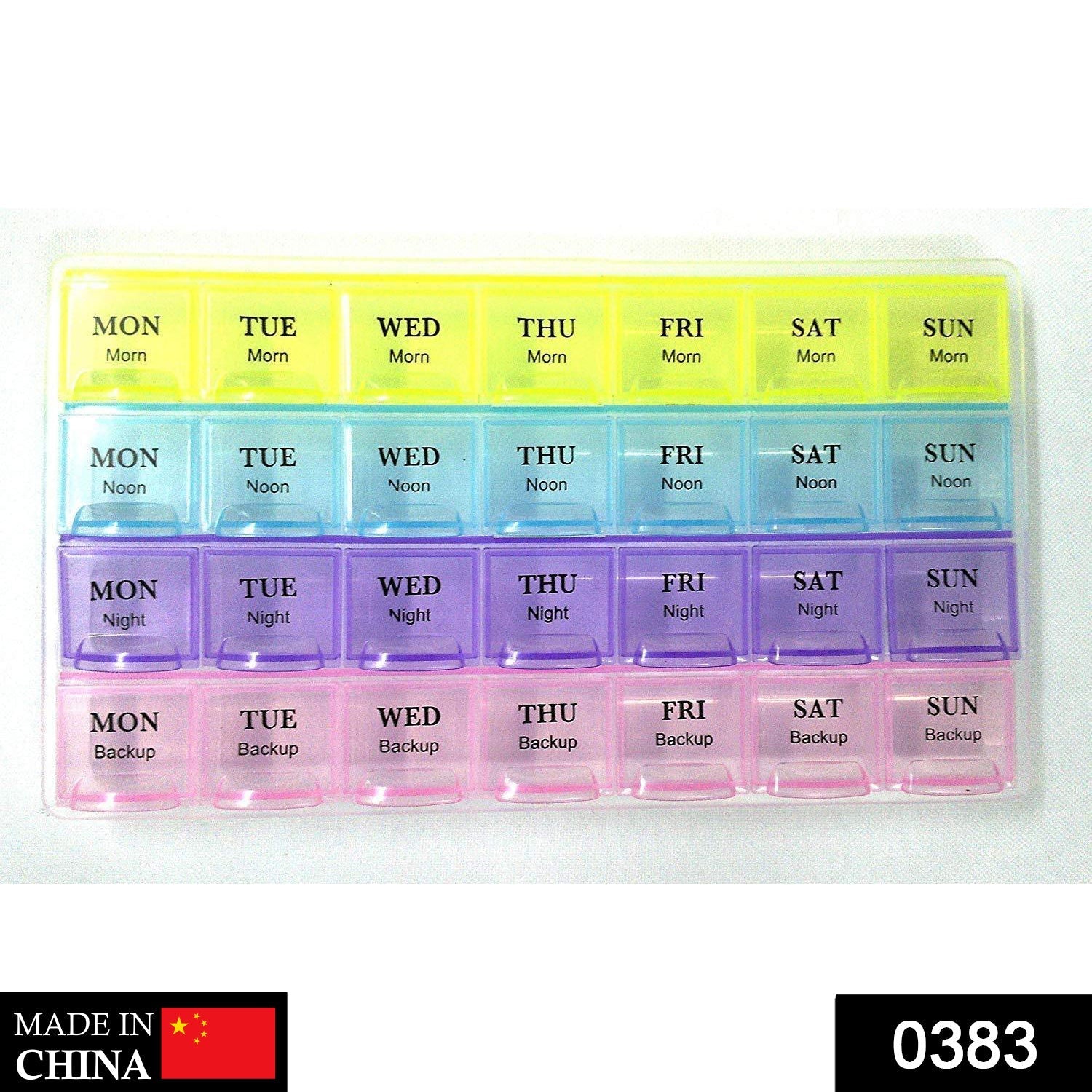 Top view of a compact 28-slot weekly pill organizer with clear daily compartments.
