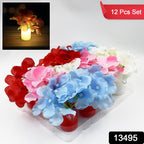 Multiple flameless LED flower lights arranged as elegant table decor.