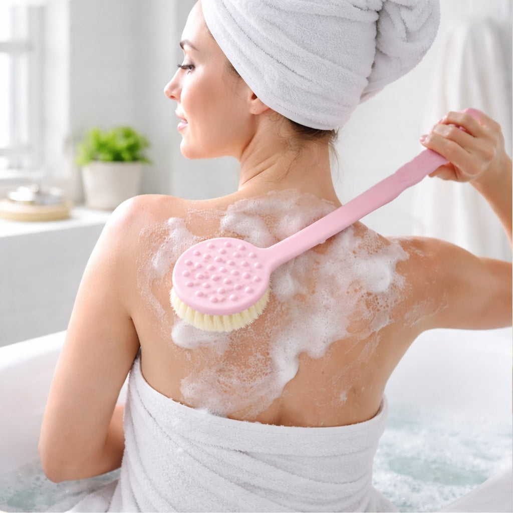 Velvet Wipe Back Scrubber with long handle and soft, blue bristles for showering.