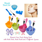 Colorful facial mask bowl set with various mixing accessories.